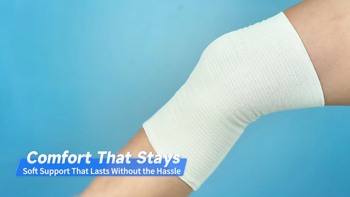 Demonstration of EVERLIT bandage being used for wound dressing fixation on a leg.
