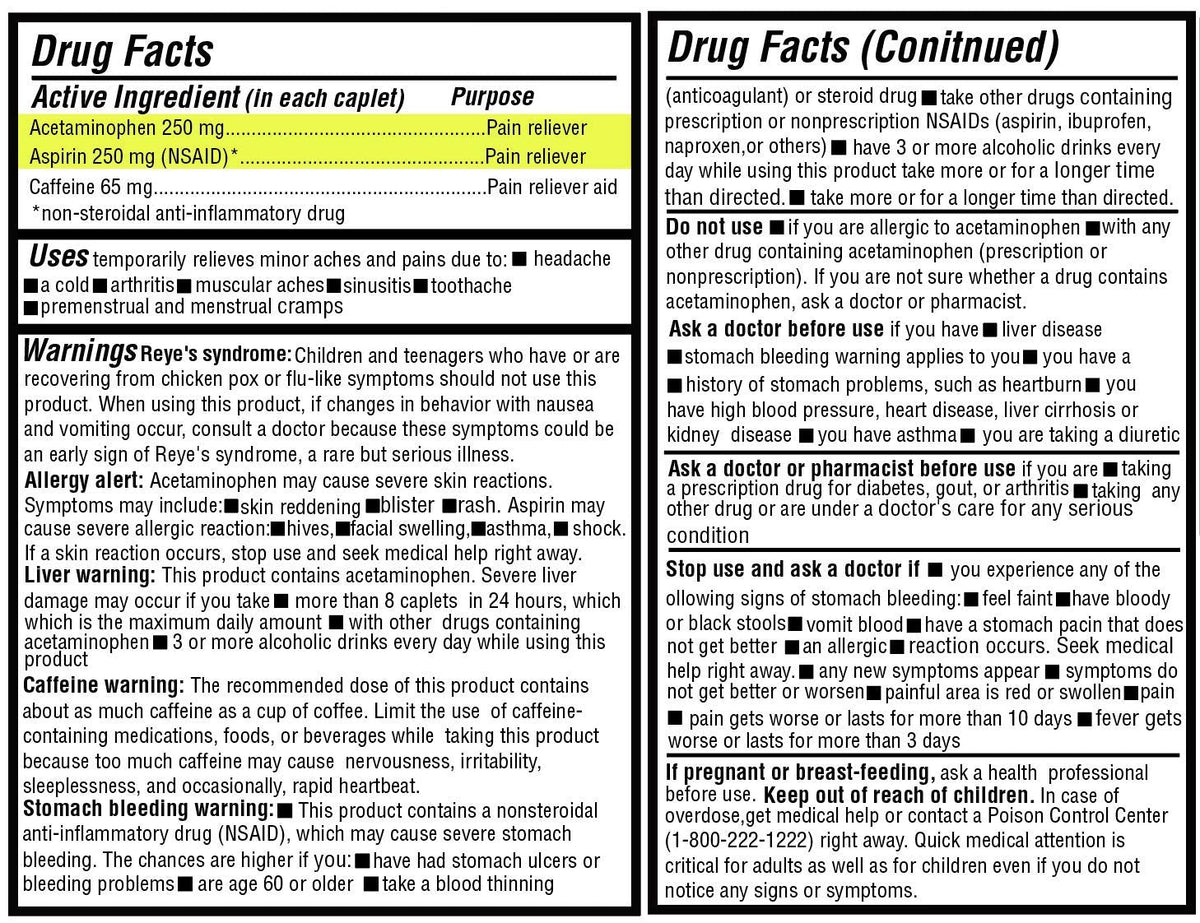 Triple action headache relief formula with acetaminophen aspirin and caffeine.