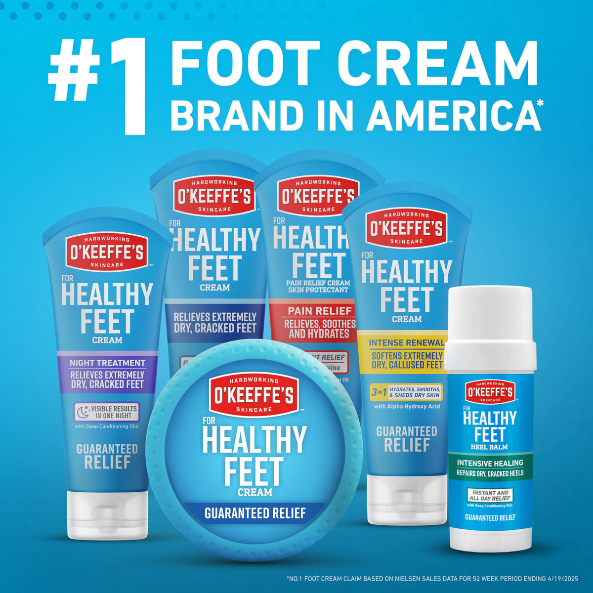 USA sourced O'Keeffe's Healthy Feet cream tube showing fast absorbing and non greasy formula highlights