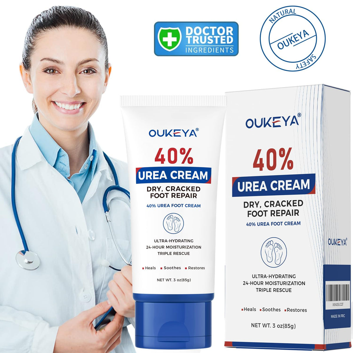 Texture shot of OUKEYA maximum strength non greasy lightweight urea foot cream