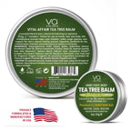 Vital Affair Tea Tree Balm packaging showing ingredients and usage instructions for cracked feet.