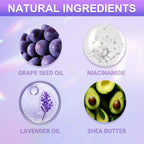 Infographic highlighting grape seed oil niacinamide and shea butter ingredients in the SULADEC formula