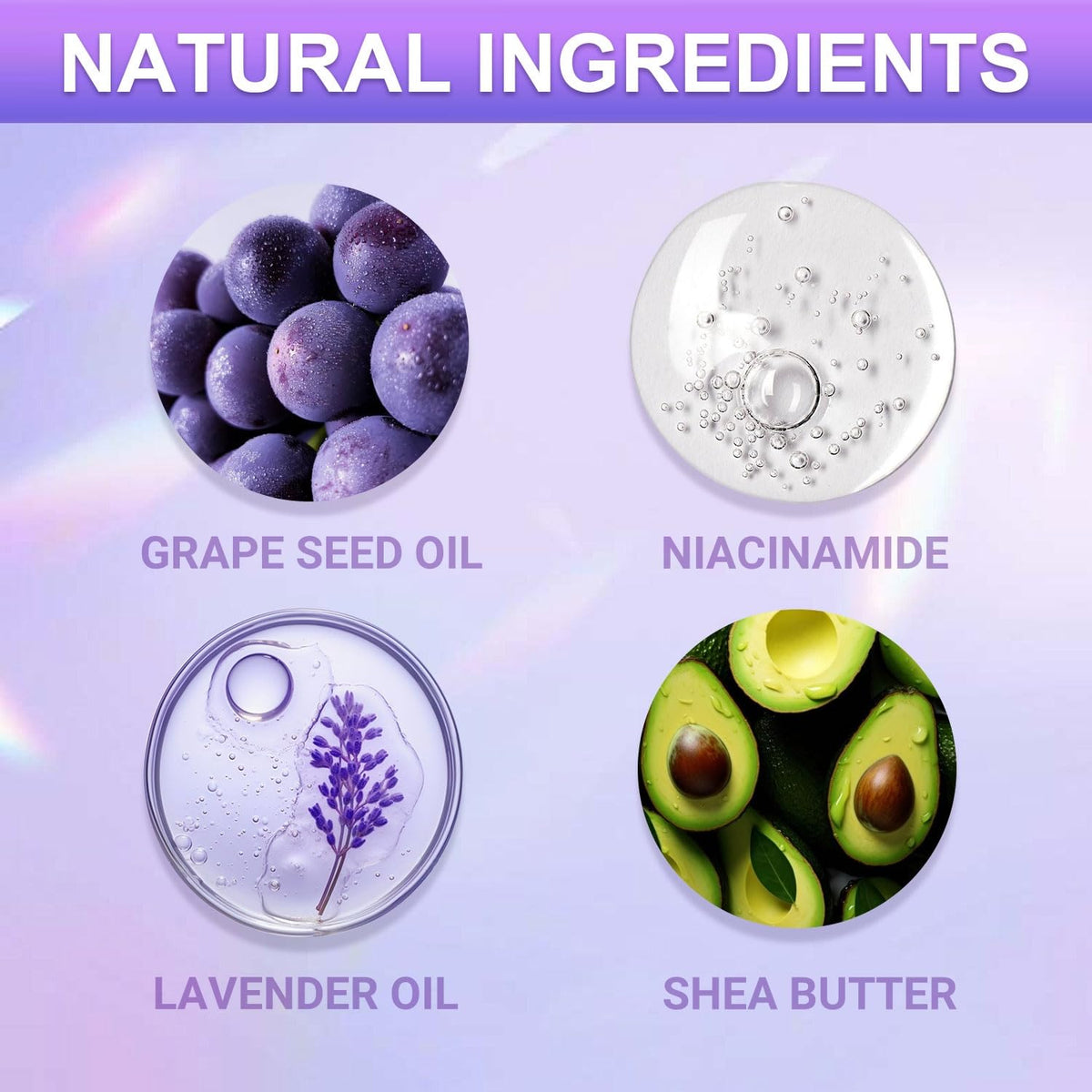 Infographic highlighting grape seed oil niacinamide and shea butter ingredients in the SULADEC formula