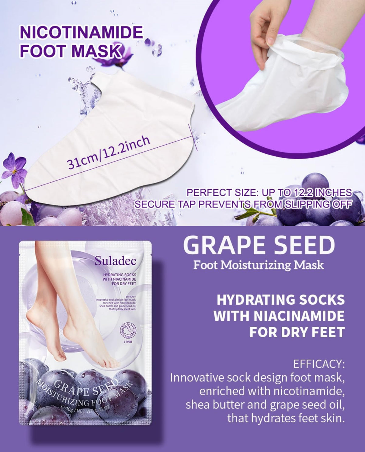 Side view of the secure ankle strap design on the SULADEC moisturizing sock mask