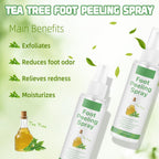 Vegan botanical foot exfoliator spray being sprayed onto dry cracked heels.