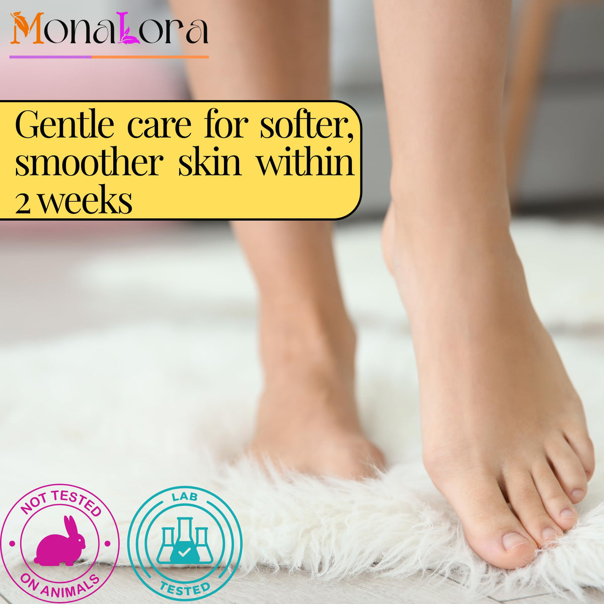 Back label of MonaLora foot peel mask displaying safety warnings and usage directions