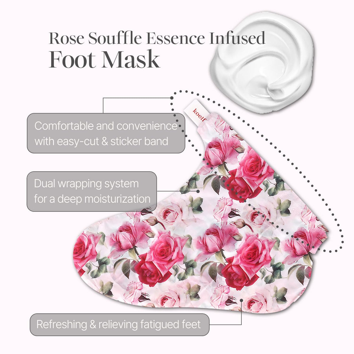 Model wearing the Koelf satin foot mask socks during an easy home spa application process.
