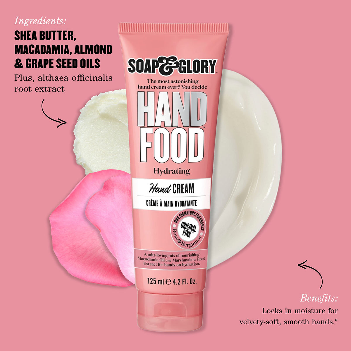Soap And Glory hydrating cuticle and hand cream 125 milliliter packaging close up