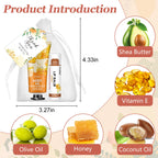 Close up of the natural ingredient themed packaging for lemon peach aloe and honey scented personal care favors.