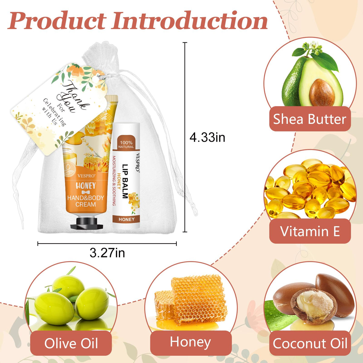 Close up of the natural ingredient themed packaging for lemon peach aloe and honey scented personal care favors.
