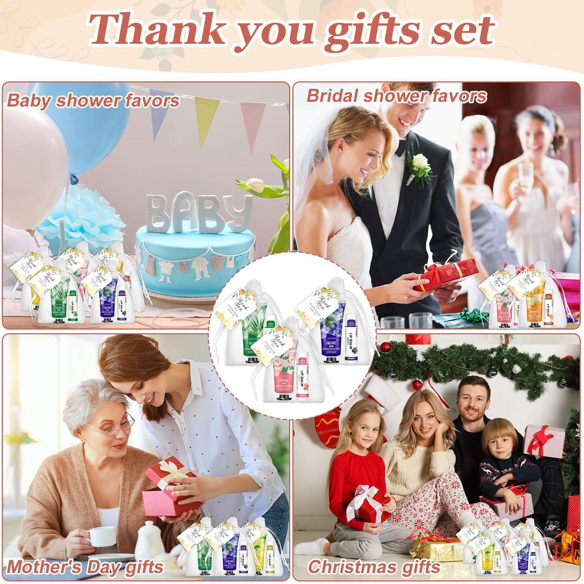 Complete DIY arrangement of thirty piece VESPRO bridal shower favor sets with included accessories on display.