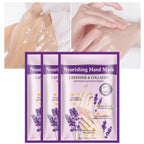 Close up of lavender and collagen hand mask glove ingredients