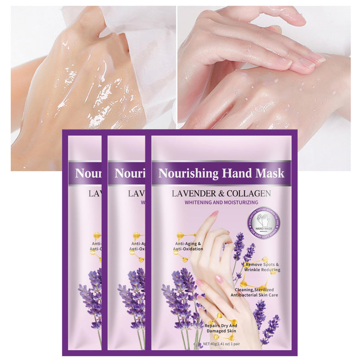 Close up of lavender and collagen hand mask glove ingredients
