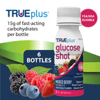 TRUEplus liquid glucose bottle showing 15g carbohydrate label details.
