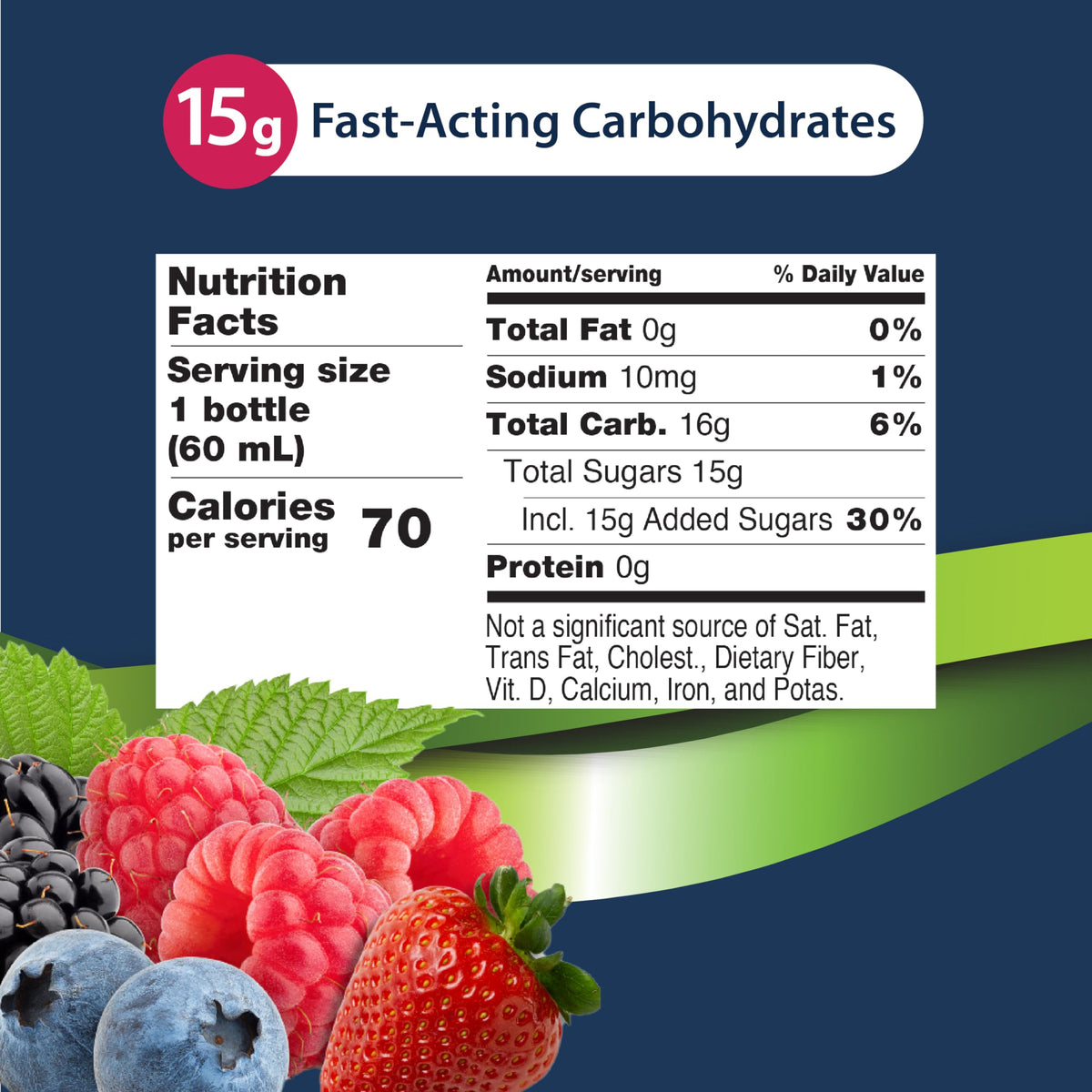 Six pack of TRUEplus Mixed Berry glucose shots in portable packaging.