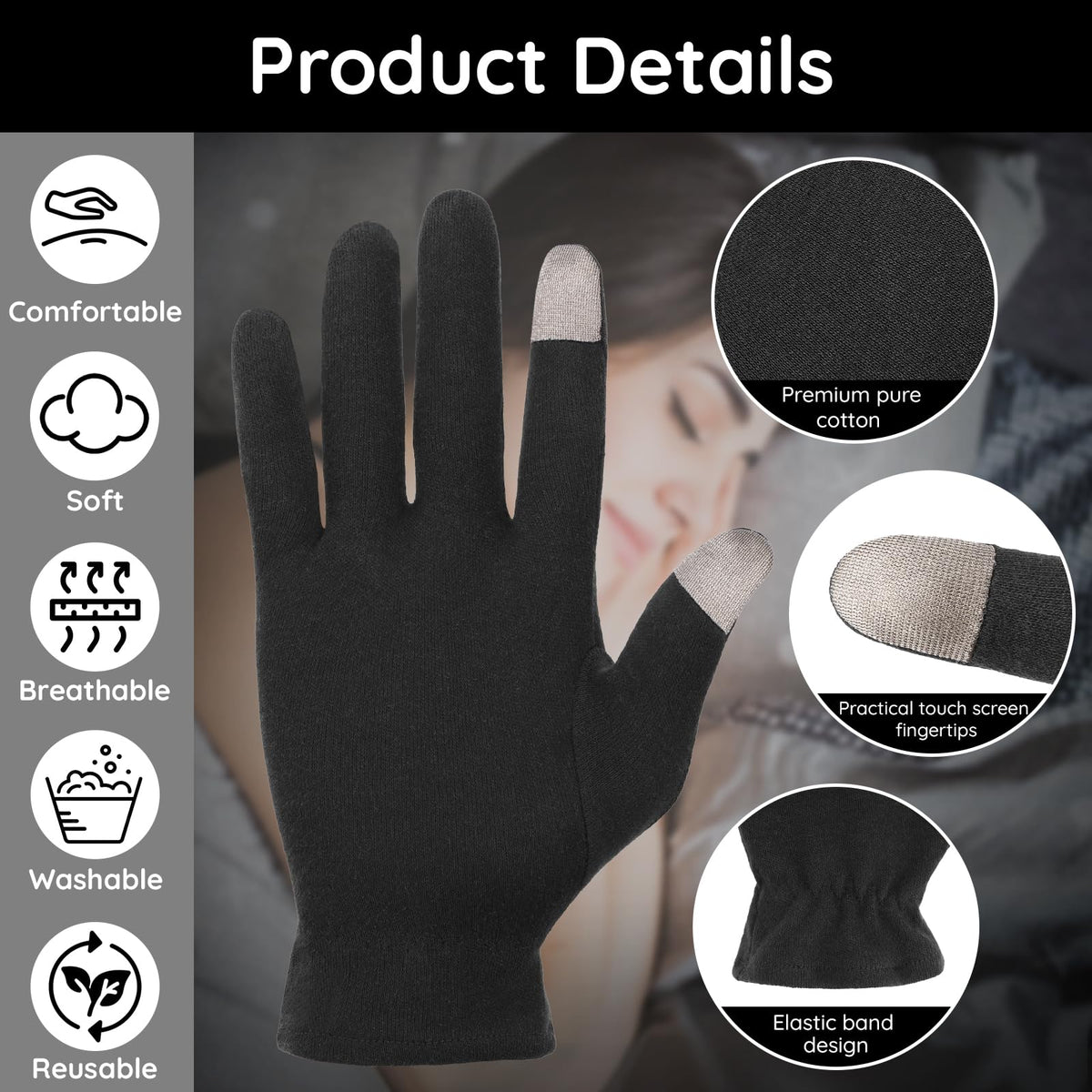Person wearing black cotton spa gloves holding a smartphone