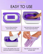 A hand dipping into the warm melted lavender paraffin bath demonstrating proper heat therapy application technique
