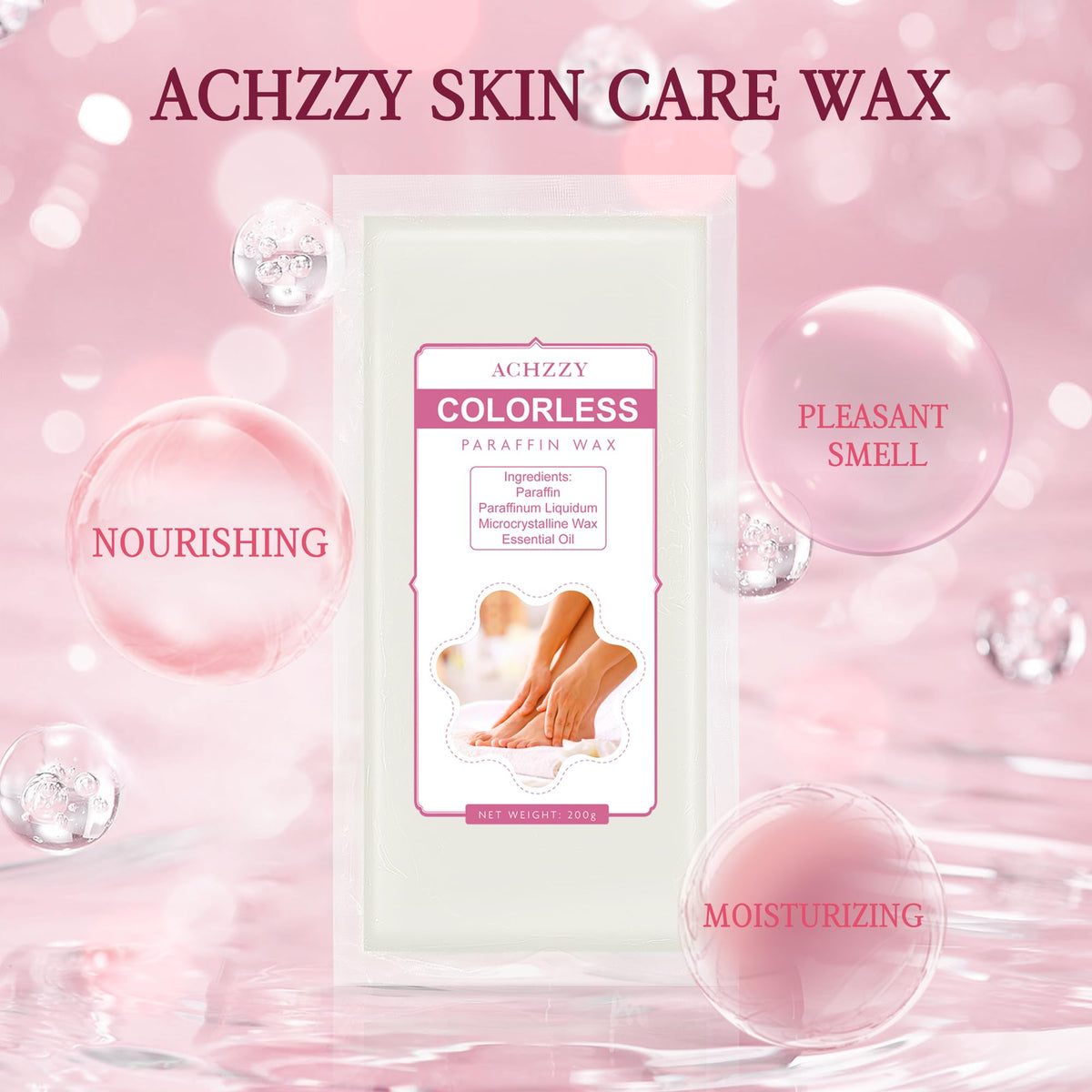 Odorless paraffin bath wax blocks individual packaging showing two hundred grams weight