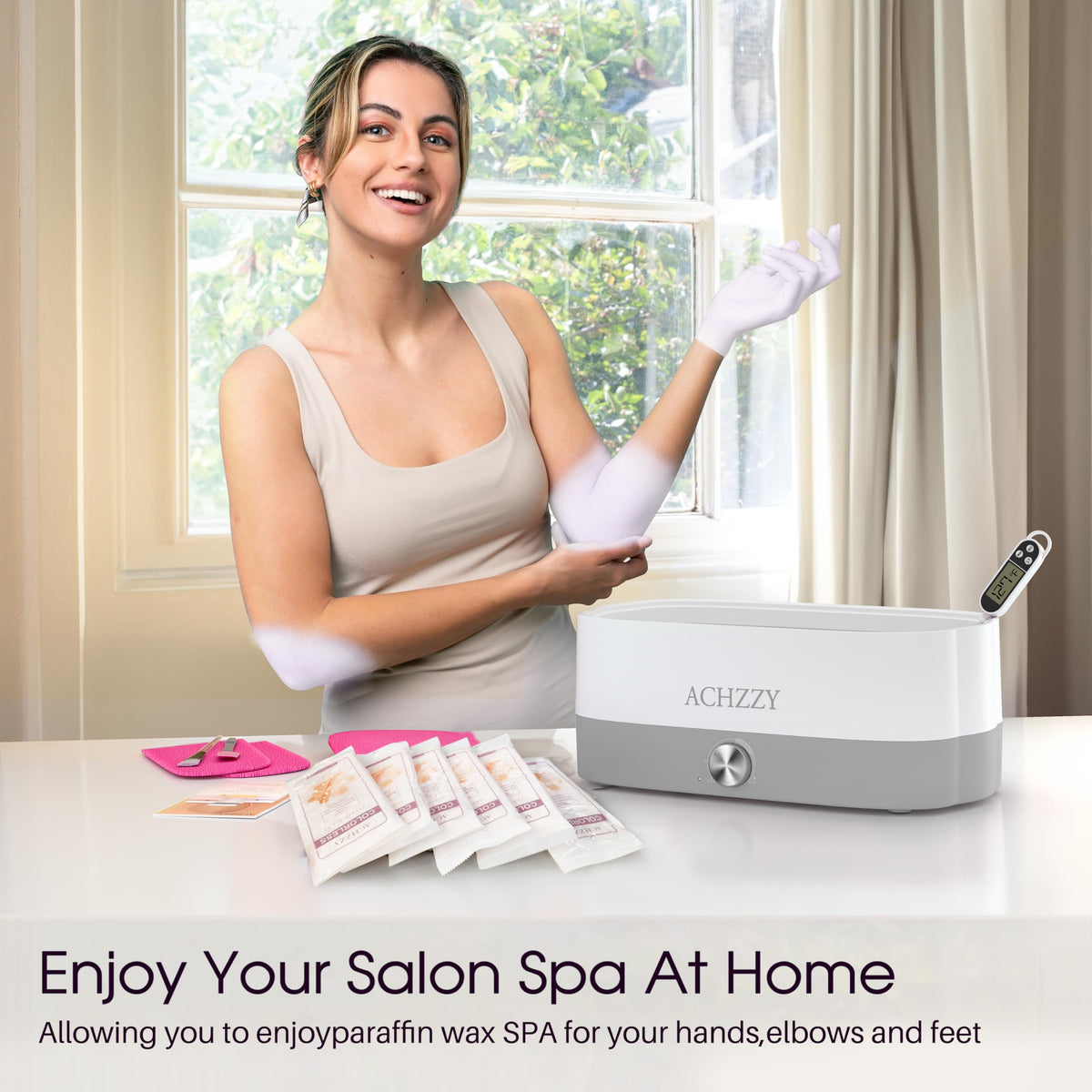 Peeling away a layer of cooled paraffin wax from treated hands to reveal deeply hydrated soft skin.