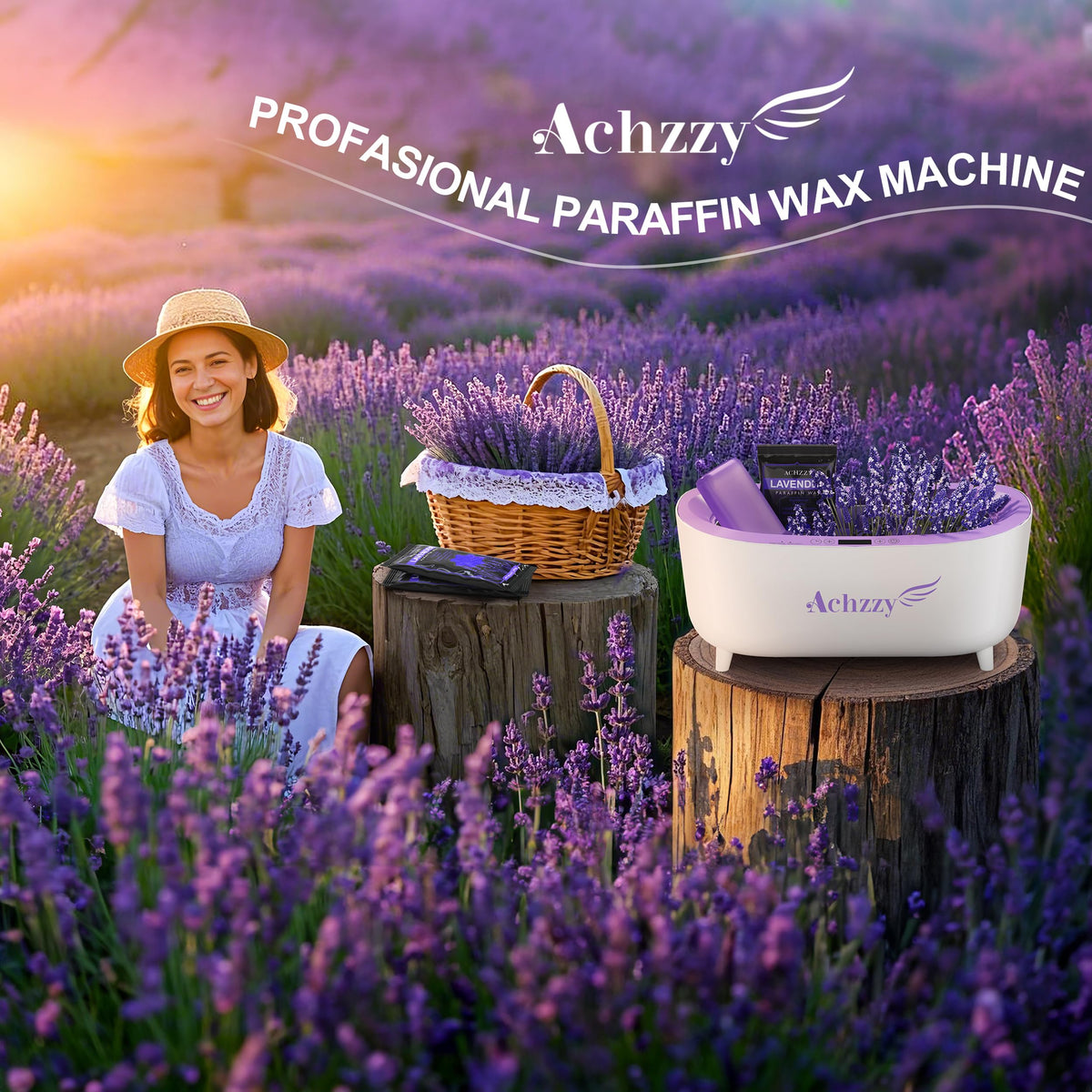 Achzzy home spa paraffin machine showing the complete moisturizing kit components.
