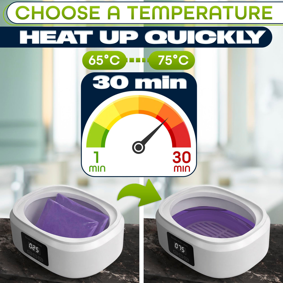 Close up view of the LCD real-time temperature monitor panel on KETAR wax warmer