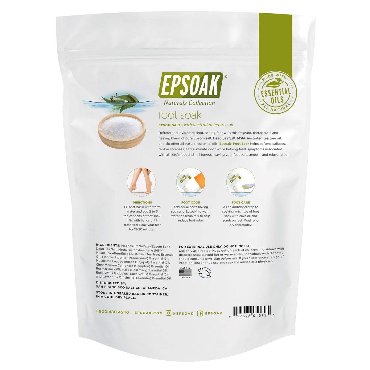 Epsoak therapeutic bath salt poured out demonstrating the clean crystalline texture without artificial dyes.