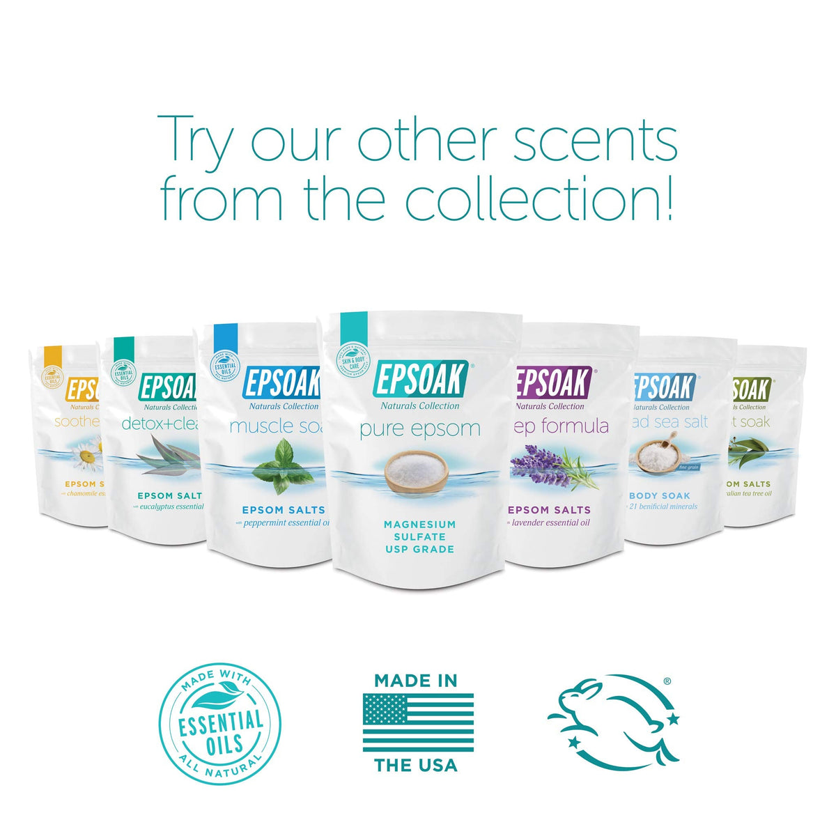Authentic Epsoak foot soak bag showing the prominent Australian tea tree oil and natural therapy callouts.