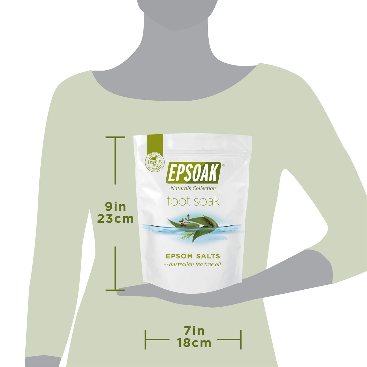 Lifestyle shot of the Epsoak Epsom salt bag placed next to a warm water foot basin.
