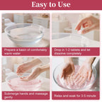 Hands soaking in water with Spa Redi rose pedicure tablets
