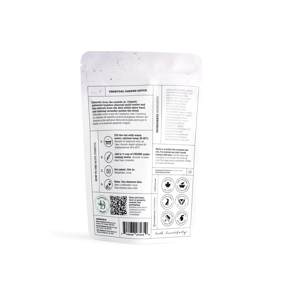 Activated charcoal and eucalyptus bath soak product label