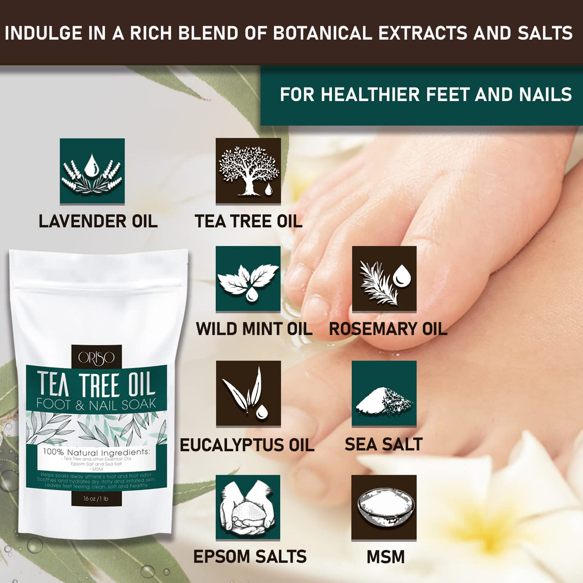 Ingredients label of Oriso Tea Tree Oil Foot Soak