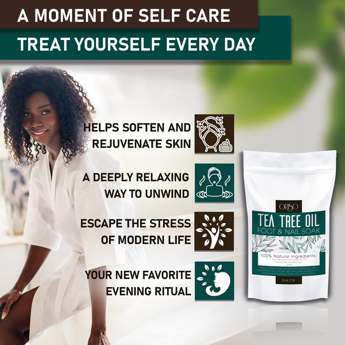 Oriso foot soak bottle with lavender and tea tree leaves