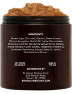 Back label of Brooklyn Botany face and body scrub detailing the premium USA imported ingredients.