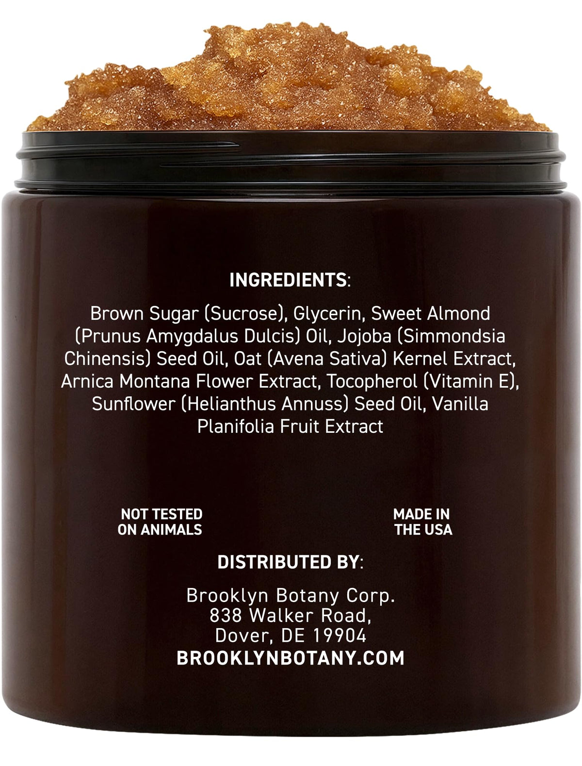 Back label of Brooklyn Botany face and body scrub detailing the premium USA imported ingredients.