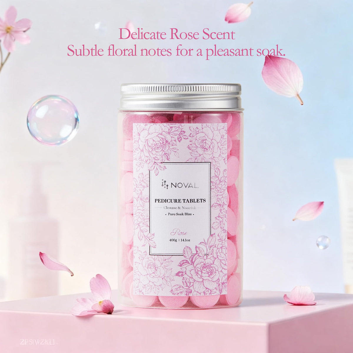 Text on Noval foot soak packaging highlighting spa benefits