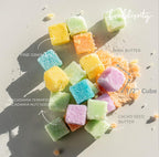 Close up of individually wrapped Bonblissity sugar cube scrub