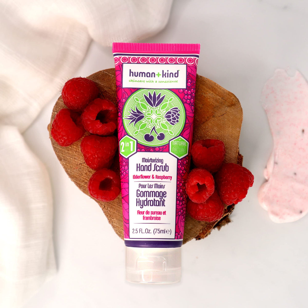 Human+Kind hand scrub packaging showing 2.5 fluid ounce size