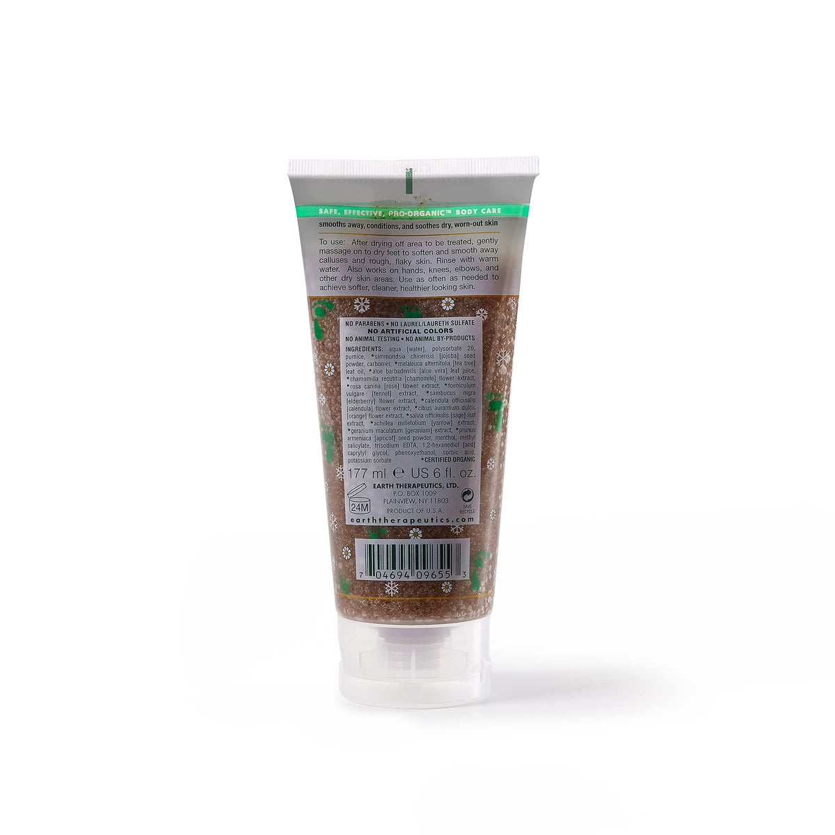 Earth Therapeutics foot scrub tube highlighting tea tree oil and pumice granules ingredients.