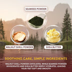 Back label of OKAY Himalayan pink salt foot scrub with ingredients and usage directions.