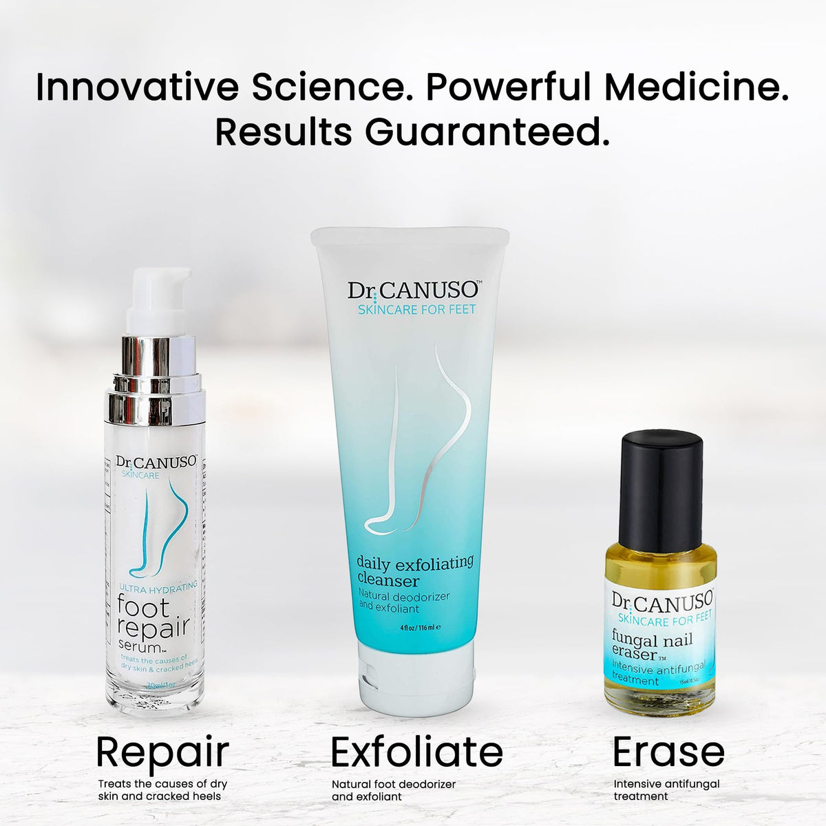 Dr. Canuso foot care deodorizer packaged product highlighting the four ounces size.