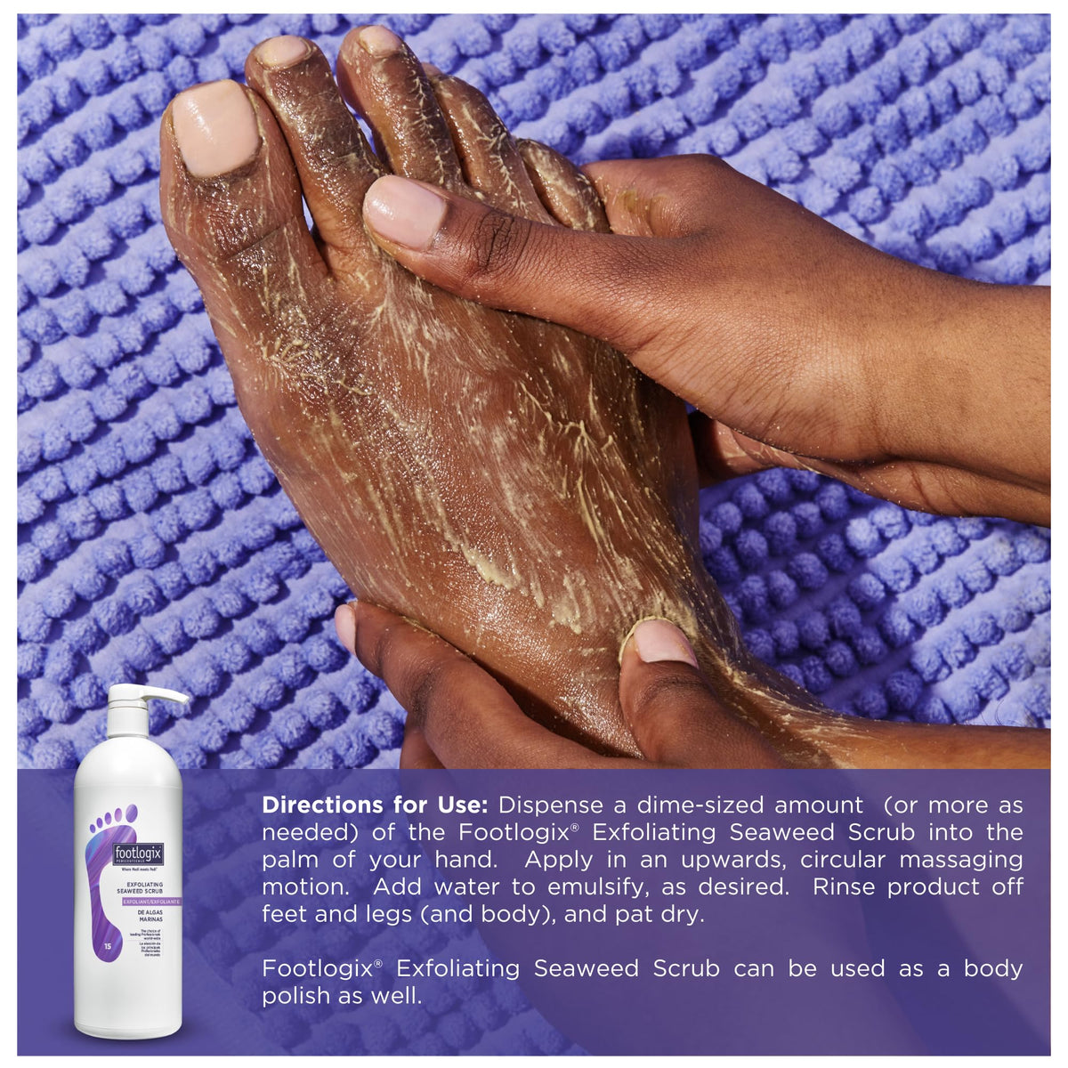 Close up of Footlogix exfoliating scrub bottle