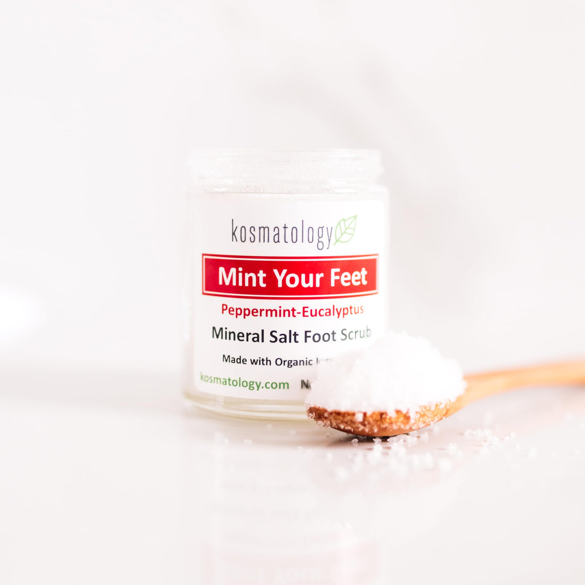 Kosmatology Peppermint Eucalyptus exfoliating scrub for softening rough feet and heels.