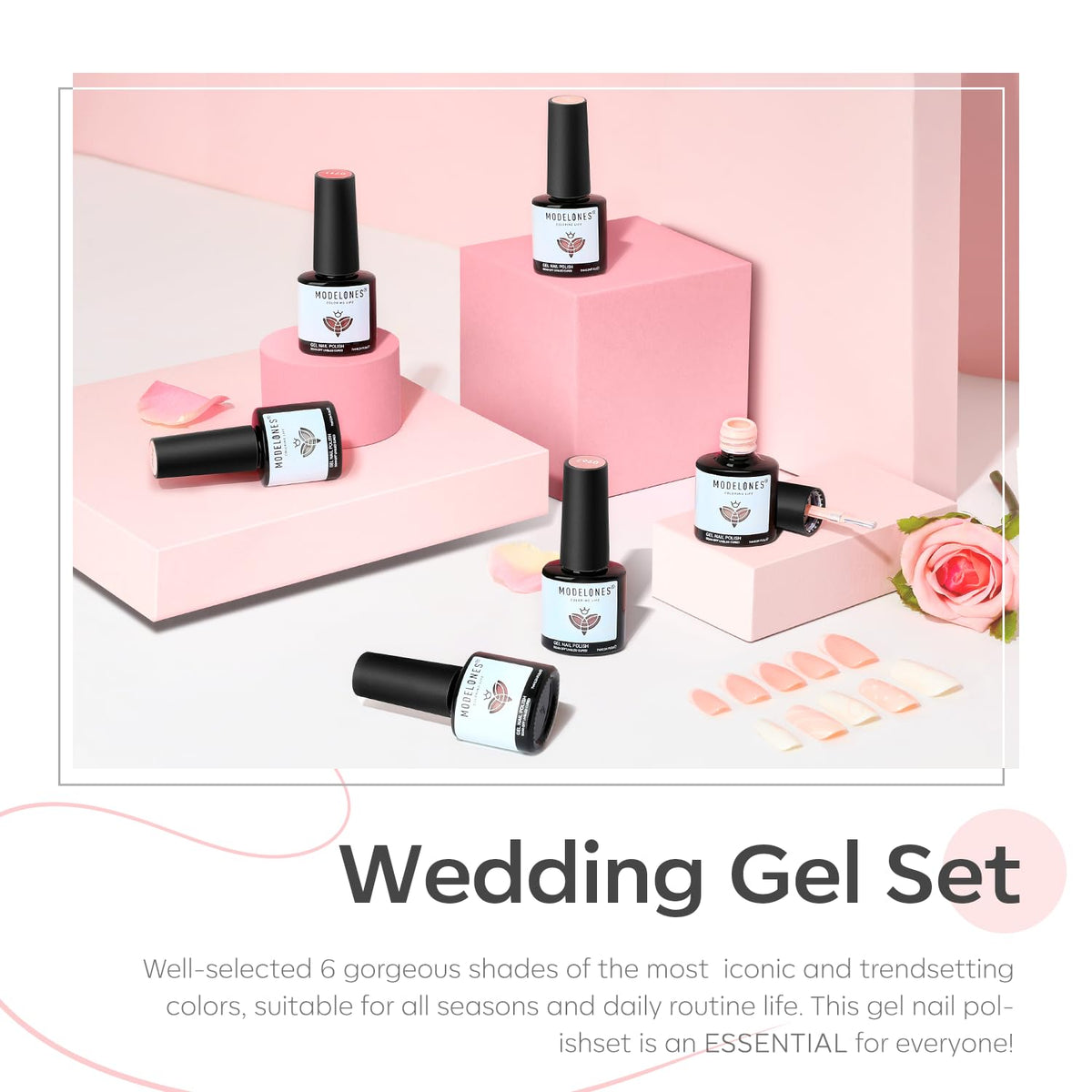 Close up view of Modelones nude and milky white gel polish bottles