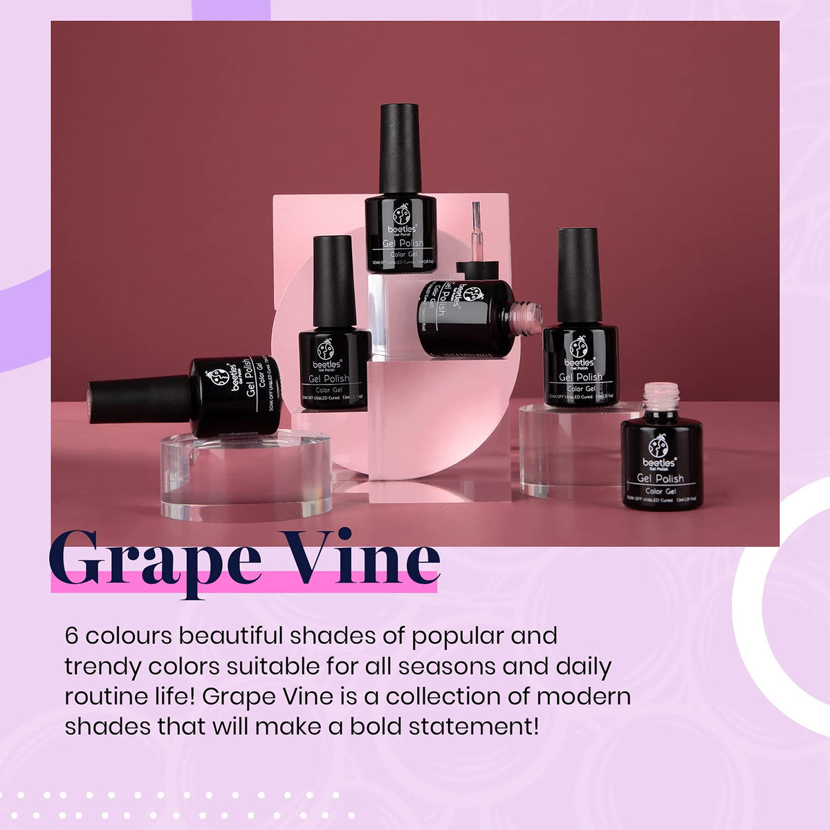 Swatch samples of Beetles 6 color purple nail set