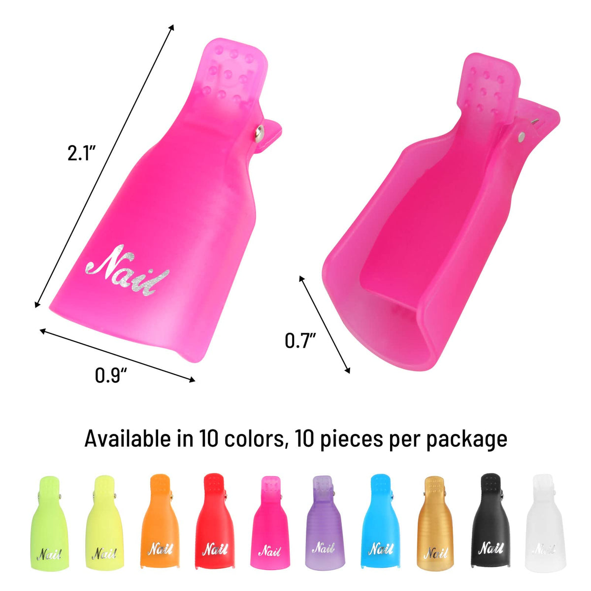 Pink plastic gel nail polish remover clips applied securely onto fingertips demonstrating anti-slip home use.
