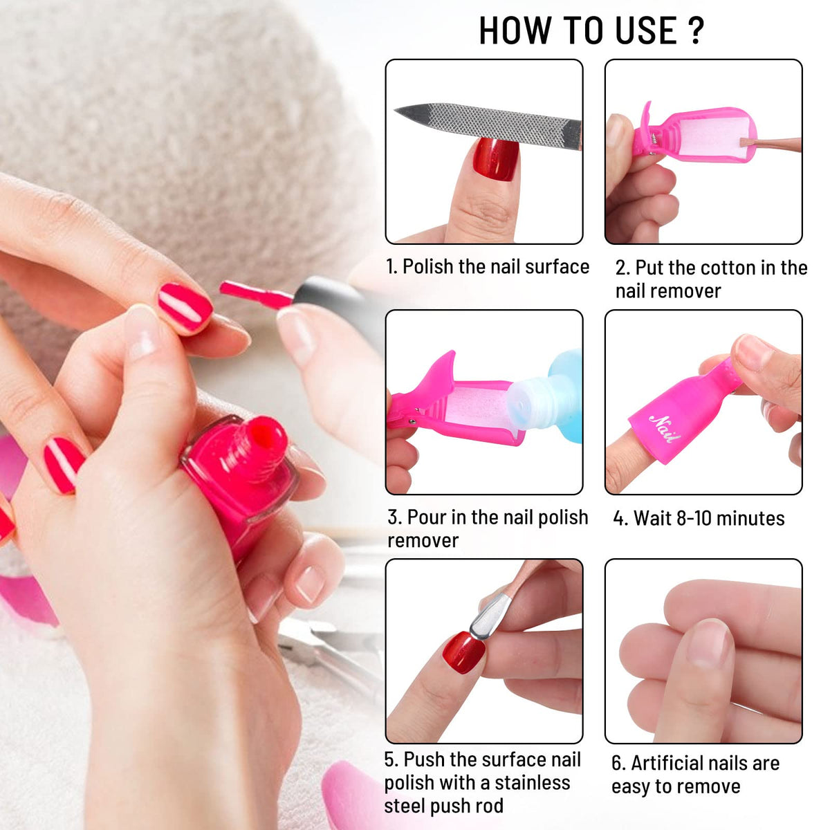 Side view of Ponjowl reusable pink plastic nail art cleaner clips highlighting the ergonomic spring joint.