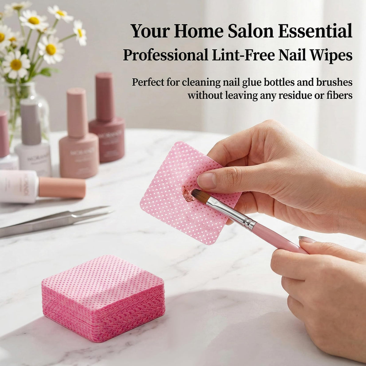 Bulk stack of twelve hundred pink MAQIHAN nail wipes for manicure preparation