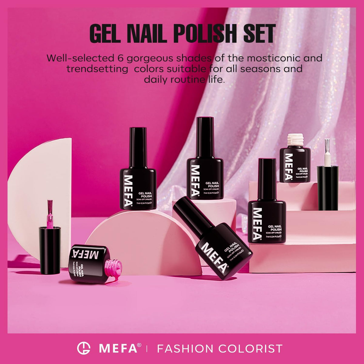 Close up of Mefa gel nail polish bottle collection