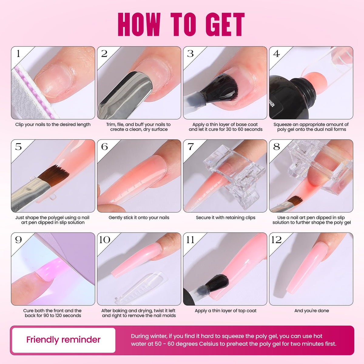 Instructional view of poly gel being applied to nail forms