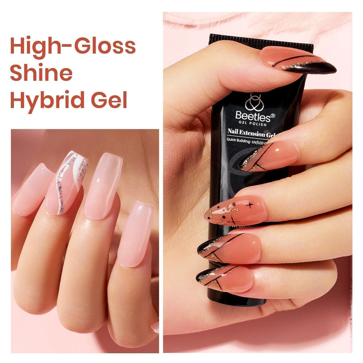 Finished poly gel nail extensions with glossy finish